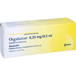 Abbildung: Orgalutran 0,25 mg / 0,5 ml Injektionslösung in einer Fertigspritze  5 St, Injektionslösung PZN 11652409