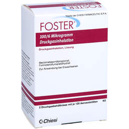 Abbildung: Foster 100 / 6 µg 120 Hub Dosieraerosol 2 St, Dosieraerosol PZN 11666989