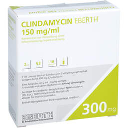 Abbildung: Clindamycin Eberth 150 mg / ml 300 mg K.H.Injektion Infusion  10X2 ml, Konzentrat z. Herst. einer Injektions- oder Infusionslösung PZN 11684148