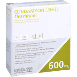 Abbildung: Clindamycin Eberth 150 mg / ml 600 mg K.H.Injektion Infusion  10X4 ml, Konzentrat z. Herst. einer Injektions- oder Infusionslösung PZN 11684154