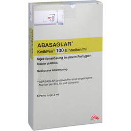 Abbildung: Abasaglar 100 E / ml Injektionslösung Kwikpen 5X3 ml, Injektionslösung in einem Fertigpen PZN 11690893