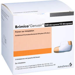 Abbildung: Brimica Genuair 340 µg / 12 µg Pulver zur Inhalation 60ED 3 St, Inhalationspulver PZN 11691243