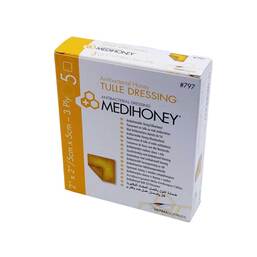 Abbildung: Medihoney Antibakterieller Tüllverband 5x5 cm 5 St, Verband PZN 11691728
