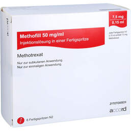 Abbildung: Methofill 7,5 mg (50 mg / ml) Injektionslösung i.e.F.-Sp. 6 St, Injektionslösung in einer Fertigspritze PZN 11695519