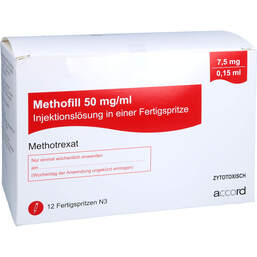 Abbildung: Methofill 7,5 mg (50 mg / ml) Injektionslösung i.e.F.-Sp. 12 St, Injektionslösung in einer Fertigspritze PZN 11695531