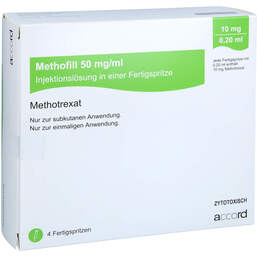 Abbildung: Methofill 10 mg (50 mg / ml) Injektionslösung i.e.F.-Sp. 4 St, Injektionslösung in einer Fertigspritze PZN 11695560