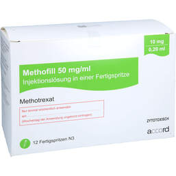 Abbildung: Methofill 10 mg (50 mg / ml) Injektionslösung i.e.F.-Sp. 12 St, Injektionslösung in einer Fertigspritze PZN 11695614