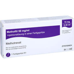 Abbildung: Methofill 15 mg (50 mg / ml) Injektionslösung i.e.F.-Sp. 1 St, Injektionslösung in einer Fertigspritze PZN 11695620