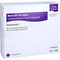 Abbildung: Methofill 15 mg (50 mg / ml) Injektionslösung i.e.F.-Sp. 4 St, Injektionslösung in einer Fertigspritze PZN 11695637