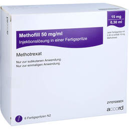 Abbildung: Methofill 15 mg (50 mg / ml) Injektionslösung i.e.F.-Sp. 6 St, Injektionslösung in einer Fertigspritze PZN 11695643