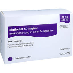 Abbildung: Methofill 15 mg (50 mg / ml) Injektionslösung i.e.F.-Sp. 12 St, Injektionslösung in einer Fertigspritze PZN 11695672
