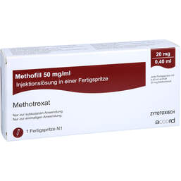 Abbildung: Methofill 20 mg (50 mg / ml) Injektionslösung i.e.F.-Sp. 1 St, Injektionslösung in einer Fertigspritze PZN 11695689