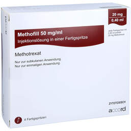 Abbildung: Methofill 20 mg (50 mg / ml) Injektionslösung i.e.F.-Sp. 4 St, Injektionslösung in einer Fertigspritze PZN 11695695