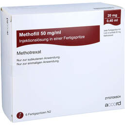 Abbildung: Methofill 20 mg (50 mg / ml) Injektionslösung i.e.F.-Sp. 6 St, Injektionslösung in einer Fertigspritze PZN 11695703