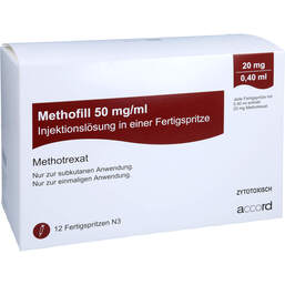 Abbildung: Methofill 20 mg (50 mg / ml) Injektionslösung i.e.F.-Sp. 12 St, Injektionslösung in einer Fertigspritze PZN 11695732