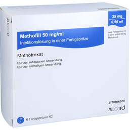 Abbildung: Methofill 25 mg (50 mg / ml) Injektionslösung i.e.F.-Sp. 6 St, Injektionslösung in einer Fertigspritze PZN 11695761