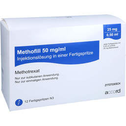 Abbildung: Methofill 25 mg (50 mg / ml) Injektionslösung i.e.F.-Sp. 12 St, Injektionslösung in einer Fertigspritze PZN 11695784