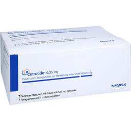 Abbildung: Cetrotide 0,25 mg Pulver und Lösungsmittel z.H.einer Injektionslösung 7 St, Pulver u. Lösungsmittel zur Herstellung einer Injektionslsg. PZN 11702774