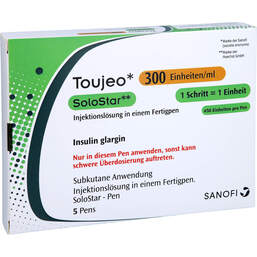 Abbildung: Toujeo 300 E / ml Solostar Injektionslösung in einem Fertigpen 5X1.5 ml, Injektionslösung PZN 11732580