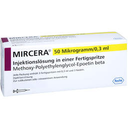 Abbildung: Mircera 50 Mikrogramm / 0,3 ml Injektionslösung i.e.Fert.-S. 3 St, Fertigspritzen PZN 11883327