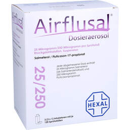 Abbildung: Airflusal Dosieraer.25 µg / 250 µg / Sprühst.3x120 Hub 3 St, Dosieraerosol PZN 11889985