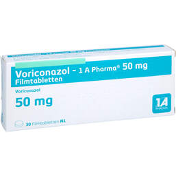 Abbildung: Voriconazol 1A Pharma 50 mg Filmtabletten 30 St, Filmtabletten PZN 12309783