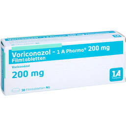 Abbildung: Voriconazol 1A Pharma 200 mg Filmtabletten 30 St, Filmtabletten PZN 12309808