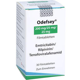 Abbildung: Odefsey 200 mg / 25 mg / 25 mg Filmtabletten 30 St, Filmtabletten PZN 12341700