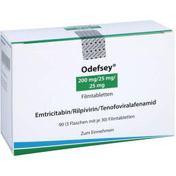 Abbildung: Odefsey 200 mg / 25 mg / 25 mg Filmtabletten 3X30 St, Filmtabletten PZN 12341717