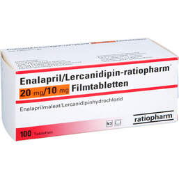 Abbildung: Enalapril / Lercanidipin ratiopharm 20 mg / 10 mg Fta 100 St, Filmtabletten PZN 12343389