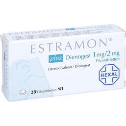 Abbildung: Estramon plus Dienogest 1 mg / 2 mg Filmtabletten 28 St, Filmtabletten PZN 12347832