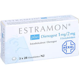 Abbildung: Estramon plus Dienogest 1 mg / 2 mg Filmtabletten 3X28 St, Filmtabletten PZN 12347849