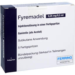 Abbildung: Fyremadel 0,25 mg / 0,5 ml Injektionslösung in einer Fertigspritze 5 St, Injektionslösung PZN 12352069