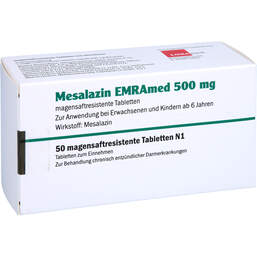 Abbildung: Mesalazin Emramed 500 mg magensaftresistent Tabletten 50 St, Tabletten magensaftresistent PZN 12355085