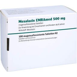 Abbildung: Mesalazin Emramed 500 mg magensaftresistent Tabletten 100 St, Tabletten magensaftresistent PZN 12355116