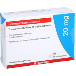 Abbildung: Olmesartan Glenmark 20 mg Filmtabletten 98 St, Filmtabletten PZN 12360146