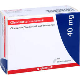 Abbildung: Olmesartan Glenmark 40 mg Filmtabletten 98 St, Filmtabletten PZN 12360175