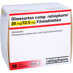 Abbildung: Olmesartan comp.ratiopharm 20 / 12,5 mg Filmtabletten 98 St, Filmtabletten PZN 12366634