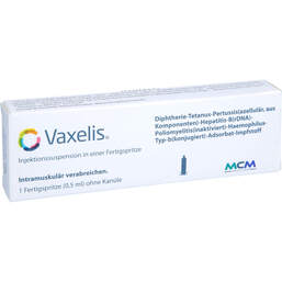 Abbildung: Vaxelis Injektionssuspension in einer Fertigspritze 0.5 ml, Injektionssuspension PZN 12386944