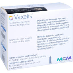 Abbildung: Vaxelis Injektionssuspension in einer Fertigspritze 10X0.5 ml, Injektionssuspension PZN 12386996