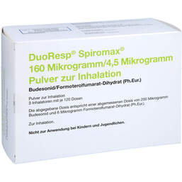 Abbildung: Duoresp Spiromax 160µg / 4,5µg / Dosis 3x120ED Inh.-P. 3 St, Inhalationspulver PZN 12387228