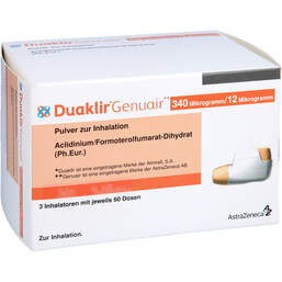 Abbildung: Duaklir Genuair 340 µg / 12 µg Pulver zur Inhalation 60ED 3 St, Inhalationspulver PZN 12389859