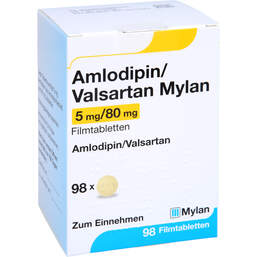Abbildung: Amlodipin / Valsartan Mylan 5 mg / 80 mg Filmtabletten 98 St, Filmtabletten PZN 12390242