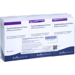 Abbildung: Tenofovirdisoproxil beta 245 mg Filmtabletten 90 St, Filmtabletten PZN 12398120