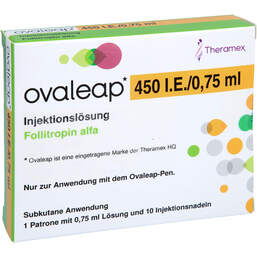 Abbildung: Ovaleap 450 I.E. / 0,75 ml Zyl.Ampulle + 10 Pen Injektion Nad. 1 St, Injektionslösung PZN 12414681