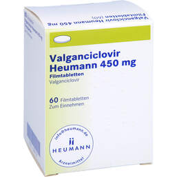 Abbildung: Valganciclovir Heumann 450 mg Filmtabletten 60 St, Filmtabletten PZN 12451127