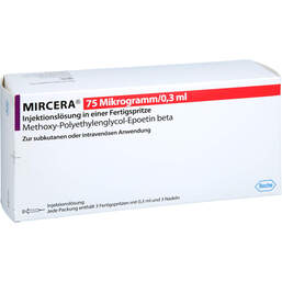 Abbildung: Mircera 75 Mikrogramm / 0,3 ml Injektionslösung i.e.Fert.-S. 3 St, Fertigspritzen PZN 12452434