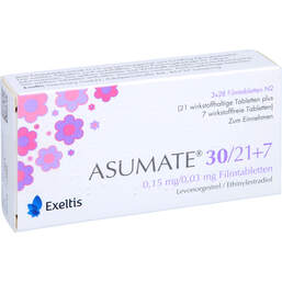 Abbildung: Asumate 30 / 21 + 7 0,15 mg / 0,03 mg Filmtabletten 84 St, Filmtabletten PZN 12457130