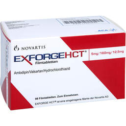Abbildung: Exforge HCT 5 mg / 160 mg / 12,5 mg Filmtabletten 98 St, Filmtabletten PZN 12483245
