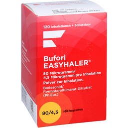Abbildung: Bufori Easyhaler 80µg / 4,5µg / Dosis 120 ED + Schutzbox 1 St, Inhalationspulver PZN 12484144